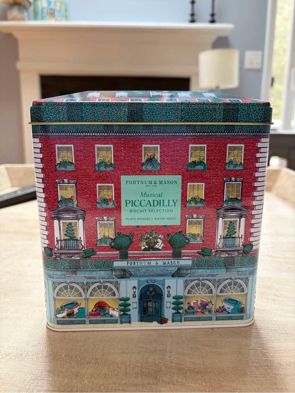 Fortnum & Mason Musical Piccadilly Biscuit Tin - Teal & Red